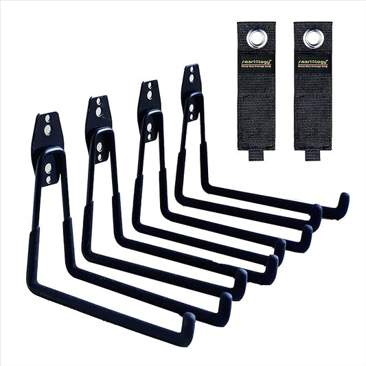 Garage Hooks, 4 Pack Wall Mount Storage Hanger with 2 Extension Cord Holder Organizer, Heavy-Duty 7.5 inch Long Hooks for Ladder, Ski, Sports, Utility, Garden Tool, Hose Storage Rack Organizer