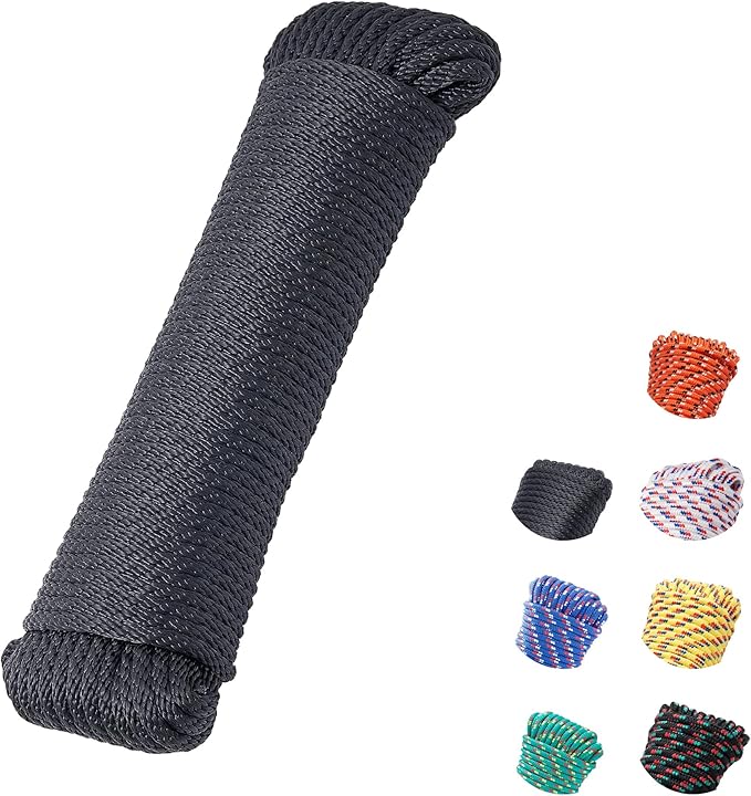 1/4 Inch 100 ft Braided Polypropylene Rope, High Strength Utility Cord for Boat Marine Camping and Flag Pole, Indoor and Outdoor Use, Black