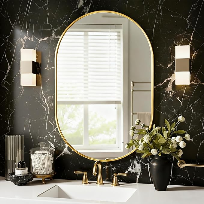 Oval Bathroom Mirror for Wall, 24"x36" Bathroom Vanity Mirror for Over Sink, Bedroom, Living Room, Entryway, Metal Frame with HD Shatterproof Glass, Wall Mounted Horizontally or Vertically (Gold)