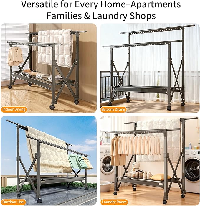 Double Rod Foldable Collapsible Extendable Rolling Clothes Drying Rack with Wheels, Heavy Duty Adjustable Freestanding Metal Large Garment Rack for for Apartment Indoor Outdoor Balcony Laundry, Grey