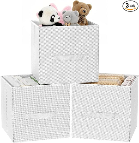 Fabric Storage Bins, Foldable Storage Cubes Baskets with Handle for Organizing, Collapsible Bins Cube Organizer Baskets for Closet, Shelves, Clothes, Towel (White, 3 Pack)