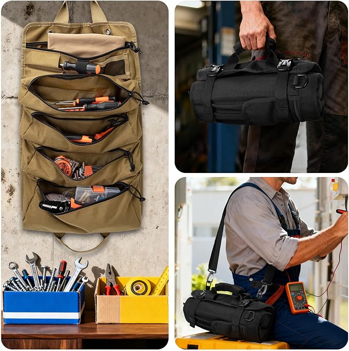 HUAARIPOLY Roll up Tool Kit, Portable Large Capacity Tool Storage, Multi functional Tool Storage Organizer Roll up Carrying Tool Kit Gifts for Men, Electricians, Machinists, and Plumbers