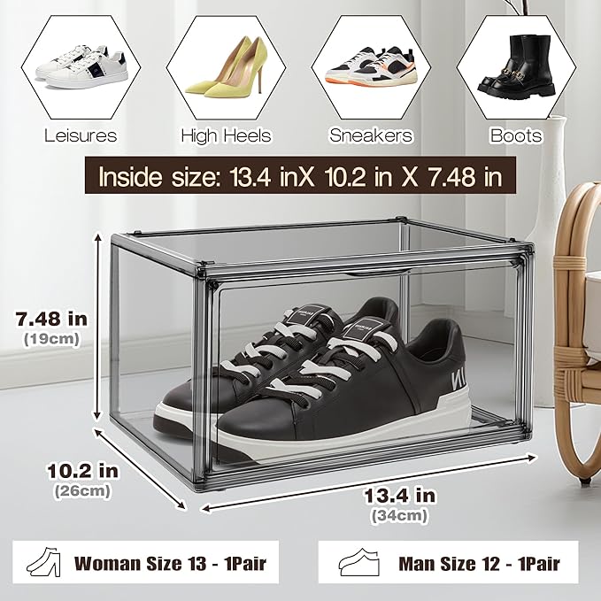 12 Pack Large Shoe Organizers Storage Boxes for Closet Clear Plastic Stackable Shoe Box Storage Bins with Lids, Under Bed Shoe Containers for Entryway, Size 12 Gray