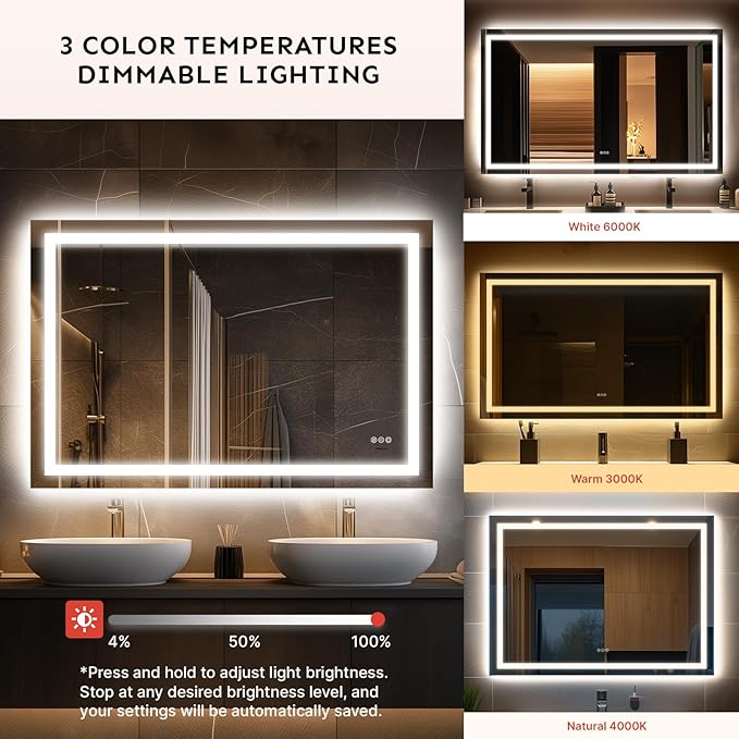 36x60'' LED Bathroom Mirror with Light, Frameless, Dimmable Front & Backlit, Anti-Fog, Distortion Free, Light Memory, Tempered and Shatter-Proof Wall Mounted Vanity Silver Coating Mirror