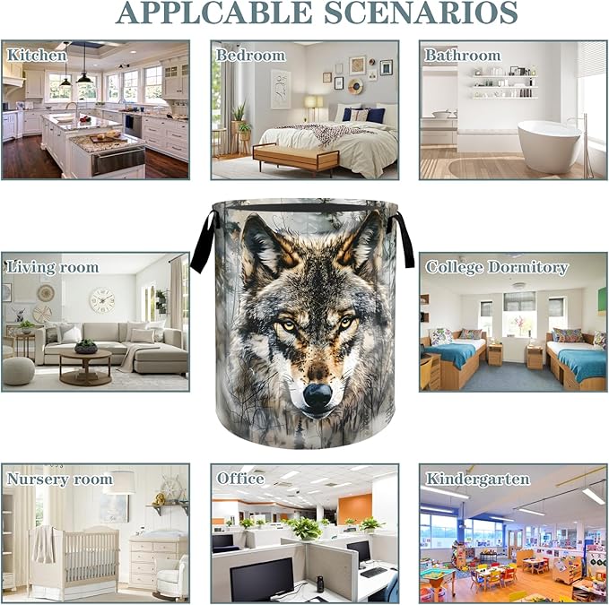 Majestic Realistic Wolf Laundry Basket, Dirty Collapsible Clothes Toy Organizer Hamper for Kids Adults, Oxford Cloth Waterproof Storage Bin for Bedroom Bathroom Forest Decor Gifts, 19.7"X15.7"