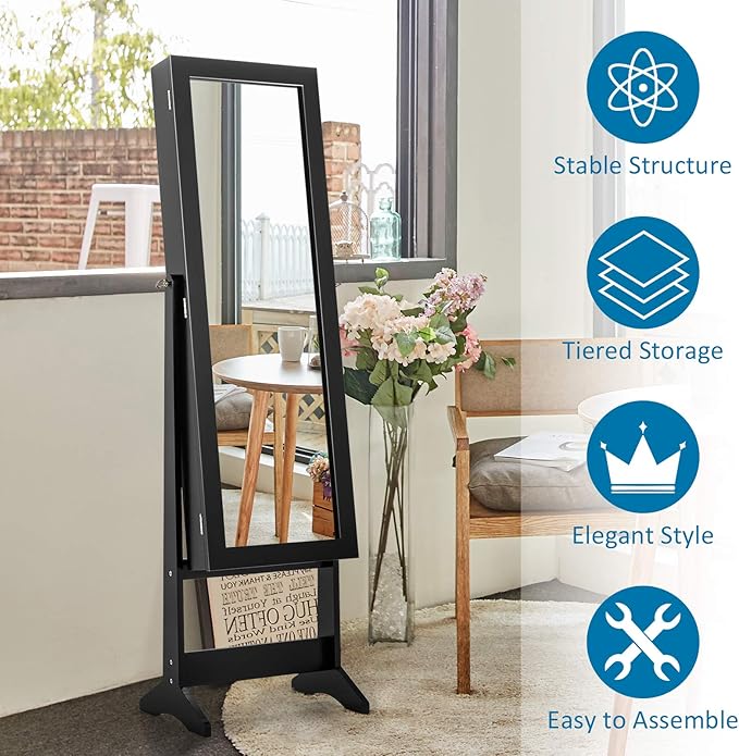 GOFLAME Jewelry Cabinet, Jewelry Organizer with Full Length Mirror Door, Standing Makeup Mirror Cabinet, Freestanding Jewelry Organizer with Large Storage Capacity (Black)