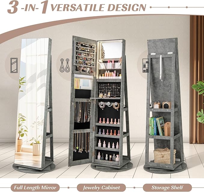 Mirror Jewelry Cabinet Standing with Full Length Mirror, 360° Swivel Jewelry Armoire with 3-Color LED Lights & Foldable Makeup Shelf, Lockable Organizer for Women, Space-Saving (Stone Gray)