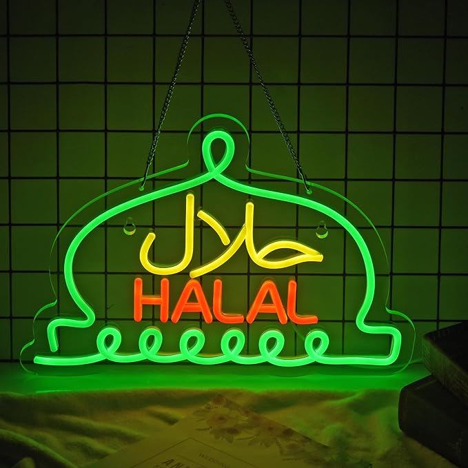 Halal Neon Signs Halal Food Arabic Restaurants Led Light Up Signs for Business Store Wall Decor with Dimmable Switch Christmas Party Gift USB Powered 16.1" x 11.8"