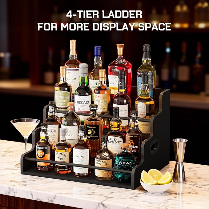 19.6”W x 15.74" D x 12.5" H Inches Versatile 4-Step Coffee Syrup & Water Bottle Organizer Rack Multi-Functional Retro Display Shelf for Kitchen or Bar, Holds Liquor & Spirits, Black