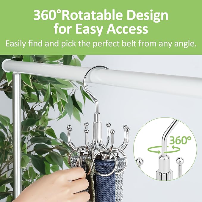 Belt Hanger, 2 Pack Rotatable Belt Organizer for Closet, Accessories Rack, Space Saving Hanging Holder Storage Hook for Belt, Tie, Scarf, Purse, Bra, Tank Top, Silver