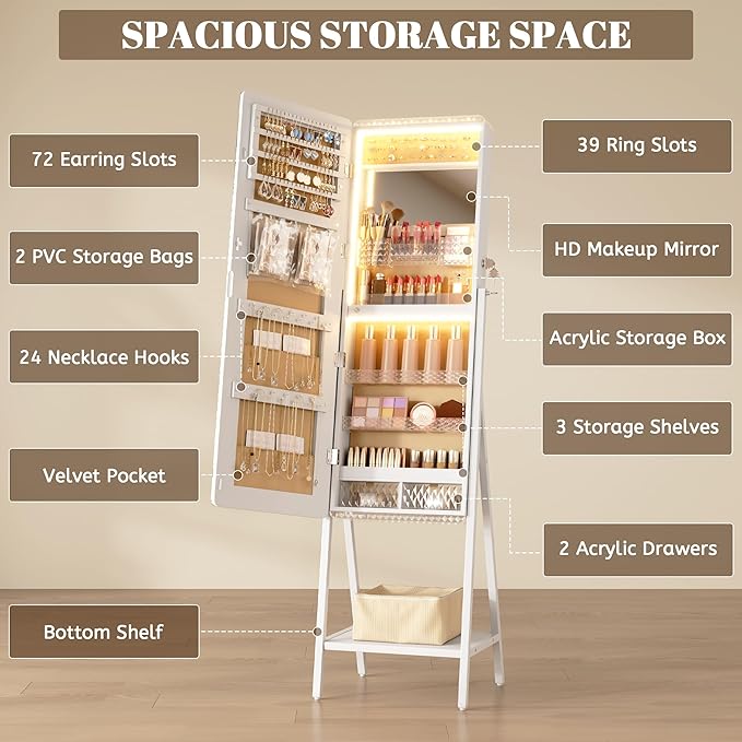 LVSOMT LED Standing Jewelry Mirror Cabinet, Stand Up Full Length Mirror with Storage, Lockable Floor Jewelry Armoire Organizer with 2 Drawers, Bottom Shelf, Built-in Lighted Makeup Mirror (White)