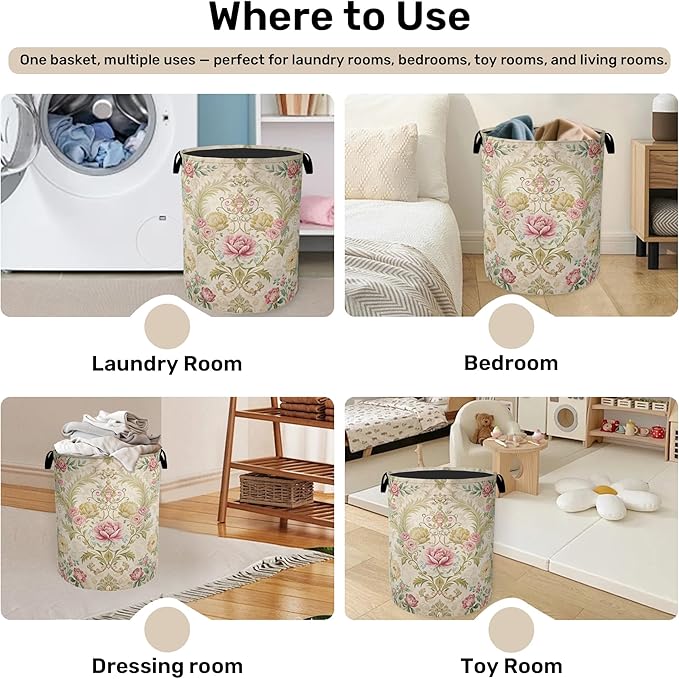 Shabby Chic Rose Laundry Basket with Handles - Extra Large Foldable Hamper for Bathroom/Laundry/Bedroom/Dorm, Washable Fabric Storage Bin