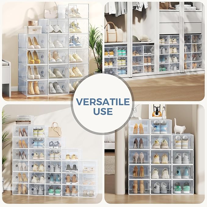 DUMOS Stackable Shoe Storage Boxes, 15-Pack Plastic Shoe Organizers with Lids, Large Shoe Rack & Holder for Closet, Under Bed, Entryway, Sneaker Display and Storage Containers, White