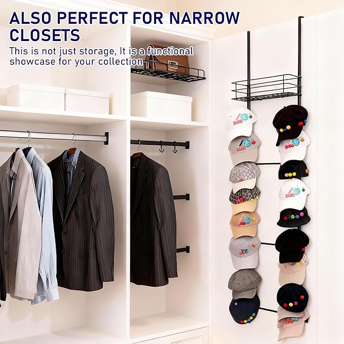 Over the Door Purse Organizer with 16 Hooks and Storage Basket, Wall Mounted Handbag Organizer, Purse Organizer for Closet Holds up to 16 Bags, Purse Holder for Door Has Split Design