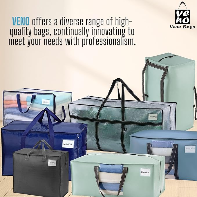 VENO 12 Pack Moving Bags, Upgraded Heavy Duty, Moving Boxes Alternative, Packing Storage Supplies for Dorm Room Essentials with Zipper for Clothes, Large Totes for Packaging (Light Blue, 12 Pack)
