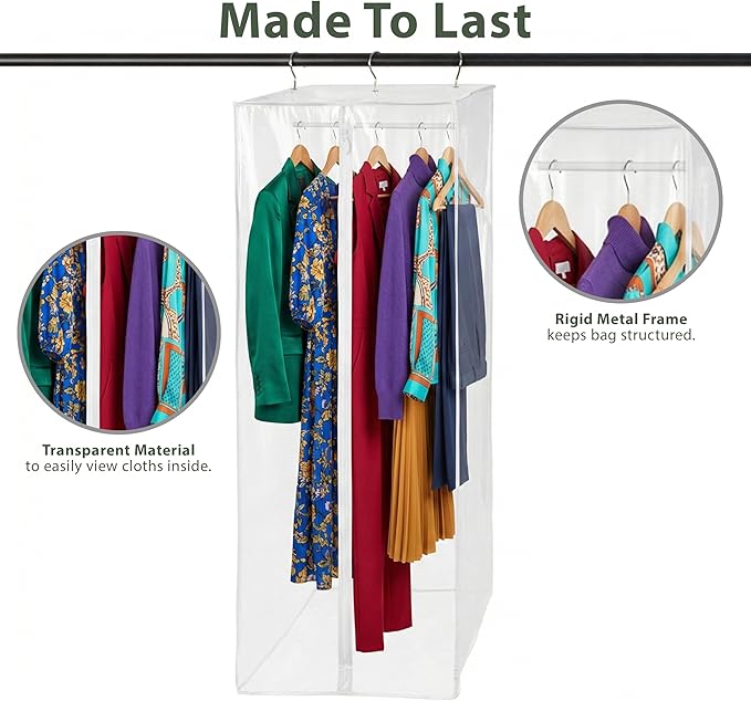 Garment Bag - Clear Hanging Closet Organizer - Durable Zippered Cover with Rod Protects Dresses, Suits, and Jackets from Dust and Moist- Top Metal Frame to Keep All Your Stuff in Shape- 60" x 20" x 15