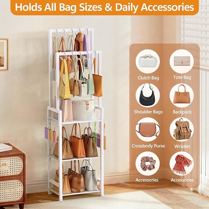 Tall Purse Organizer for Closet with 10 Purse Hanger & 6 Side Hooks,Floor-Standing Purse Rack Stand for Purse Storage,Narrow & High-Capacity Handbag Organizer,Multi-Purpose Purse Shelf for Small Place