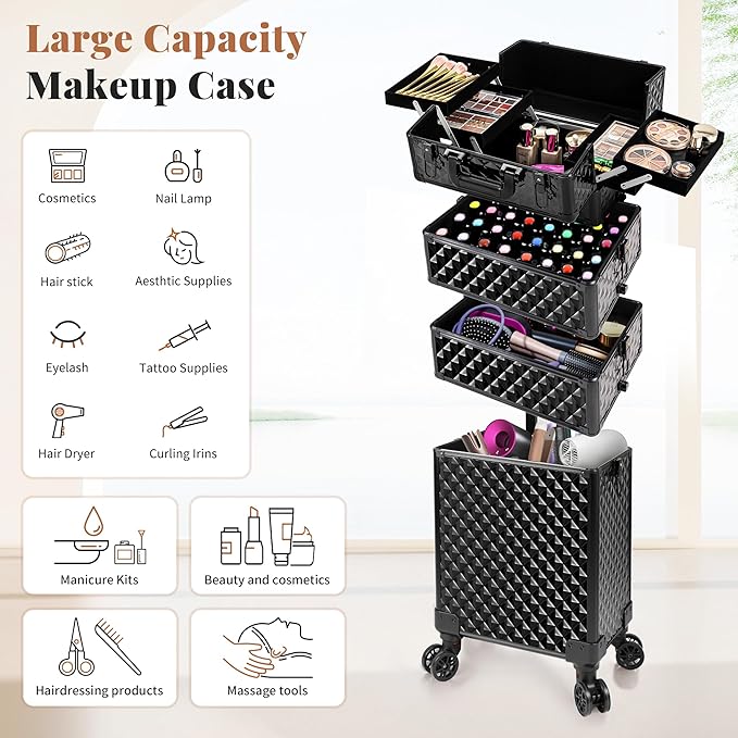 AROUS Rolling Makeup Train Case 4 in 1 Cosmetology Case on Wheels Large Storage Cosmetic Trolley with Key Salon Barber Case Traveling Cart Trunk, Black