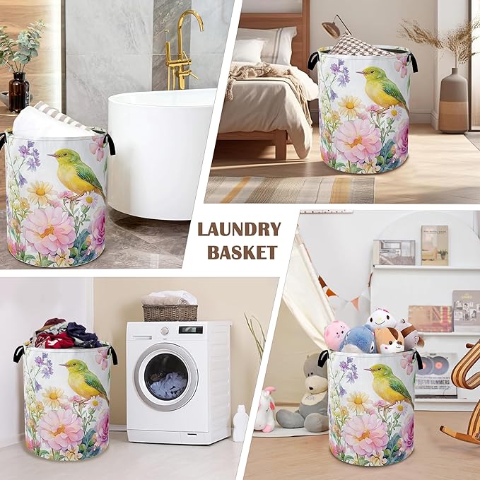 Laundry Basket,Watercolor Flowers Collapsible Laundry Baskets,Green Bird Waterproof Oxford Hamper with Handles for Bathroom Bedroom Nursery Home Storage 16"x20"