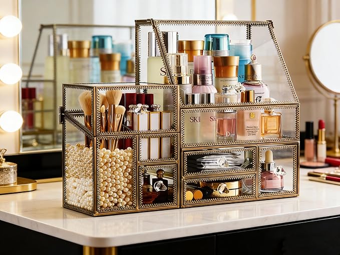 Hersoo Glass Antique Brass Stackable Drawer Set Makeup Organizer for Vanity Antique Countertop Vanity Cosmetic Storage Box Mirror Glass Beauty Display