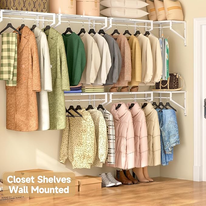 Expandable Closet Shelves Wall Mounted, 2 Pack Closet Shelving with Hanging Rods, Wall Shelving for Walk-in Closet, Hanging Shelves Organizer and Storage for Closet, Laundry