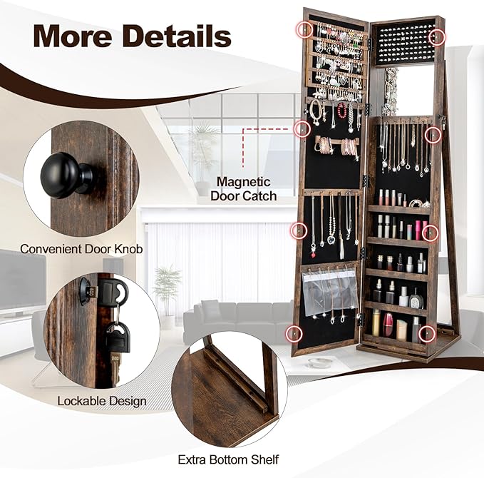 CHARMAID Jewelry Armoire with Full Length Mirror, Lockable Standing Jewelry Cabinet Organizer with Large Storage Capacity, Inside Makeup Mirror, Stable Base, Easy Assembly (Rustic Brown)