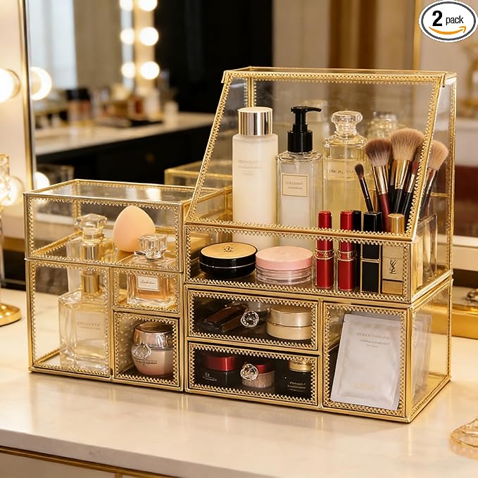 Hersoo Luxury Stackable Glass Cosmetic Organizer 3-Piece Set-Durable,Premium Shatterproof Vanity Storage,Artisan-Design for High-End Bathroom&Makeup Counter Decor(gold)