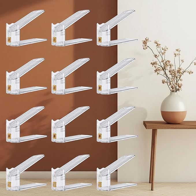 12-Pack Shoe Slots Organizer for Closet, Adjustable Shoe Stacker & Space Saver, Clear Double Deck Shoe Storage for Small Spaces, Transparent Gold