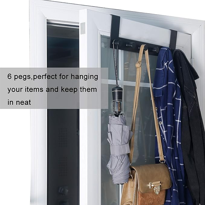 WEBI Over The Door Hooks,Over The Door Towel Rack with 6 Peg Hooks for Hanging,Over Door Hanger Coat Rack for Behind Back of Bathroom,Black,2 Packs