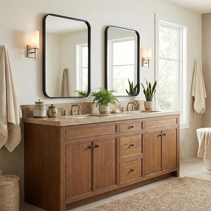 Black Bathroom Mirrors for Over Sink, Set of 2, 24x36 Inch Rectangular Wall Mounted Vanity Mirrors with Matte Black Iron Frame, Moisture-Resistant Backing, Modern Farmhouse Style