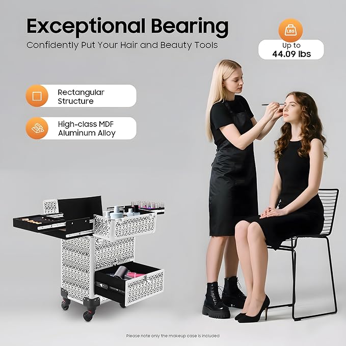 Professional Rolling Makeup Case Pro Makeup Artist Cosmetic Train Case Hairstylist Travel Case Portable Make Up Station with Lockable Drawer & 4 Swivel Wheels - Silver