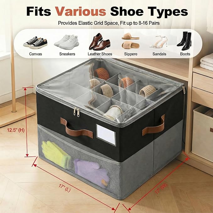 Shoe Organizer for Closet, Fabric Shoe Storage Boxes with Lids, Adjustable Dividers for 16 Pairs, Foldable Shoe Cubby with Mesh Storage & Label Window, Fits Tall Boots, Black & Grey