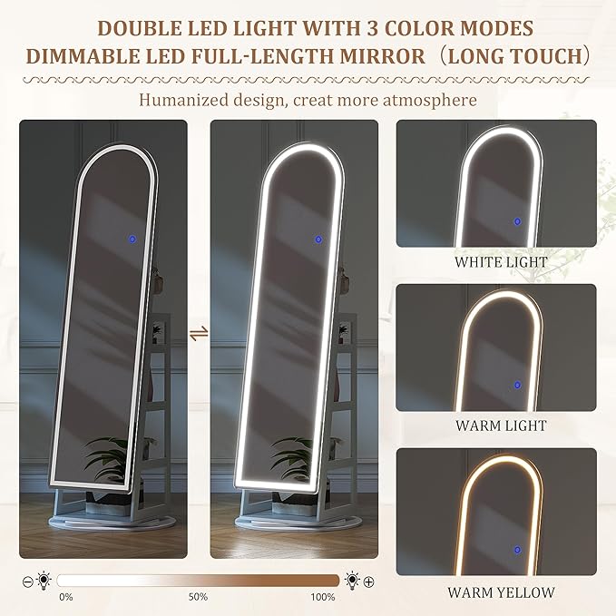 LVSOMT LED Mirror Jewelry Cabinet Standing, Lockable Jewelry Armoire with Arched Full-Length Mirror and Adjustable LED Lights, Space-Saving Jewelry Organizer with Mirror(White)