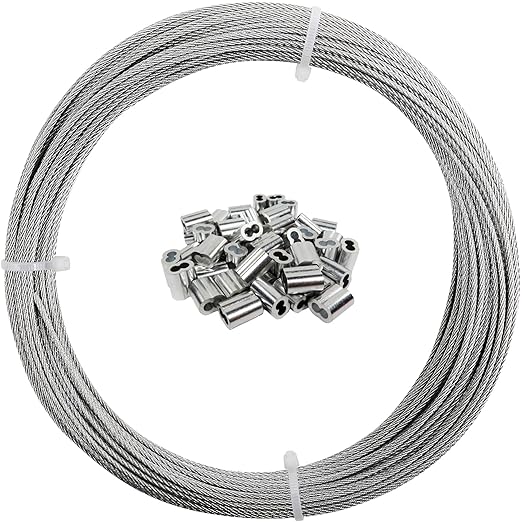 1/16 Wire Rope, 200FT 304 Stainless Steel Cable with 100Pcs Crimp Sleeves, Aircraft Grade, 7x7 Strand, 368lbs Breaking Strength, for Garden Trellis, Clothesline, Railing,Trellis