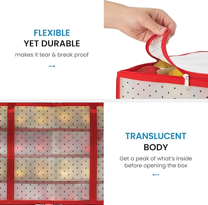 ZOBER Christmas Ornament Storage Box - Stores 128 Ornaments W/ 2 Sided Zipper - Flexible Plastic Christmas Ornament Storage Containers - 3 Inch Cube Compartments - Red