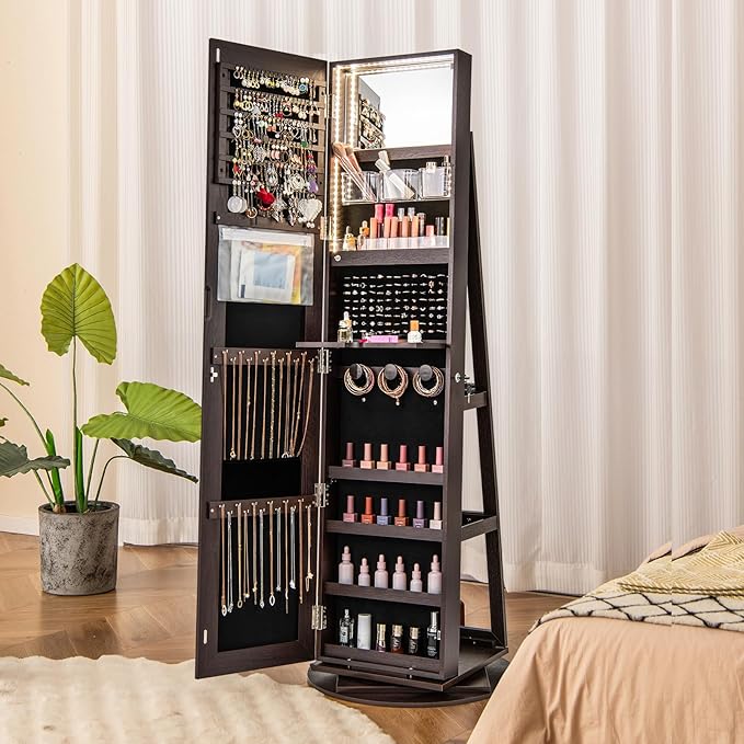Mirror Jewelry Cabinet Standing with Full Length Mirror, 360° Swivel Jewelry Armoire with 3-Color LED Lights & Foldable Makeup Shelf, Lockable Organizer for Women, Space-Saving (Espresso)