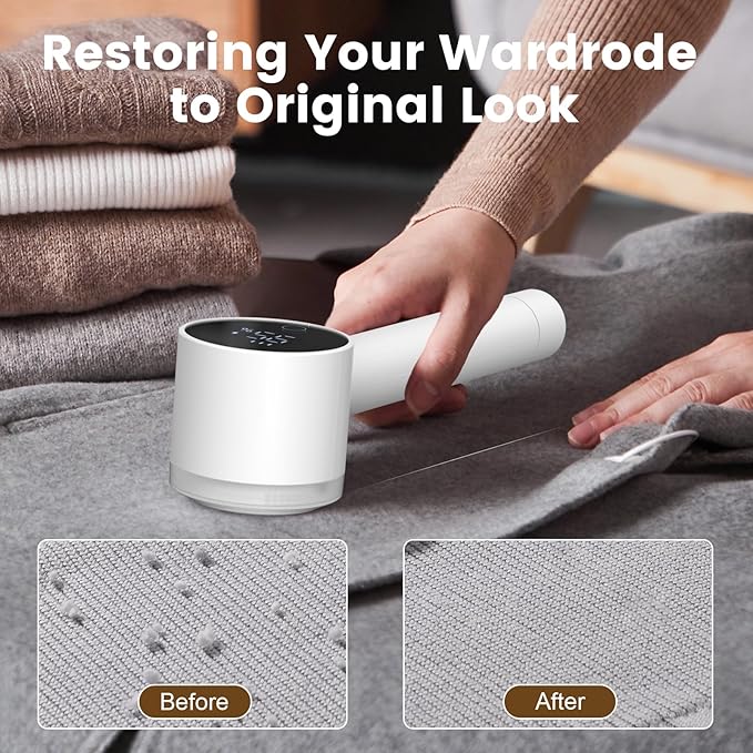 Fabric Shaver Electric Fuzz Remover, 2 in 1 Rechargeable Sweater Shaver with Lint Roller, Magnetic Cap, Digital Display, 2 Extra Blades, Defuzzer for Clothing Furniture Couch - White