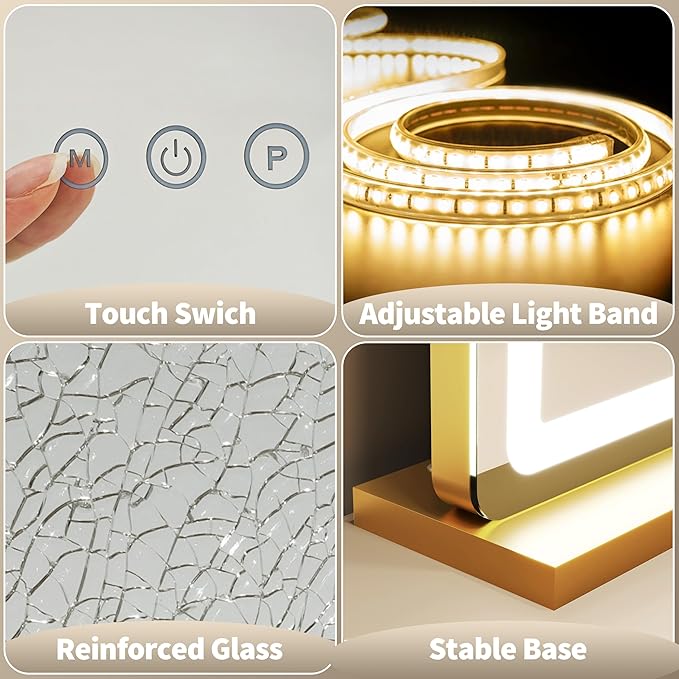 FENNIO 23" x 18" Vanity Mirror with Lights，LED Makeup Mirror，Hollywood Mirror with 3 Color Modes & Adjustable Brightness，Vanity Mirror Gold