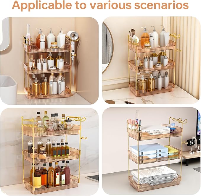 Bathroom Counter Organizer with Hair Dryer Holder and Toothbrush Holder, Acrylic Vanity Tray for Skincare, Perfume, Makeup Storage on Countertop ＆ Dresser (Amber, 3-Tier)