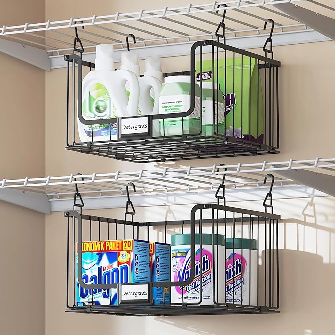 5-Tier Hanging Laundry Room Organizer with Label Cards,Foldable Wire Shelf Basket with 4 Rotating Hooks,Stacked Laundry Basket Organizer,Storage Rack for Laundry Rooms,Closet and Pantry-Black