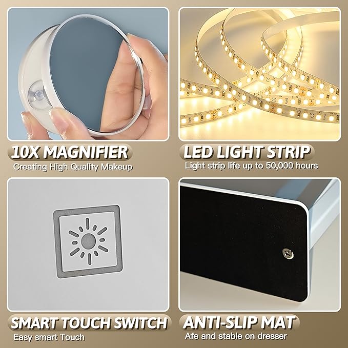 FENNIO Vanity Mirror with Lights, 12" x 16" Lighted Makeup Mirror with Smart Touch Control, 3 Color Modes & Brightness Adjustable, LED Makeup Mirror with 10X Magnification, 360° Rotation for Bedroom