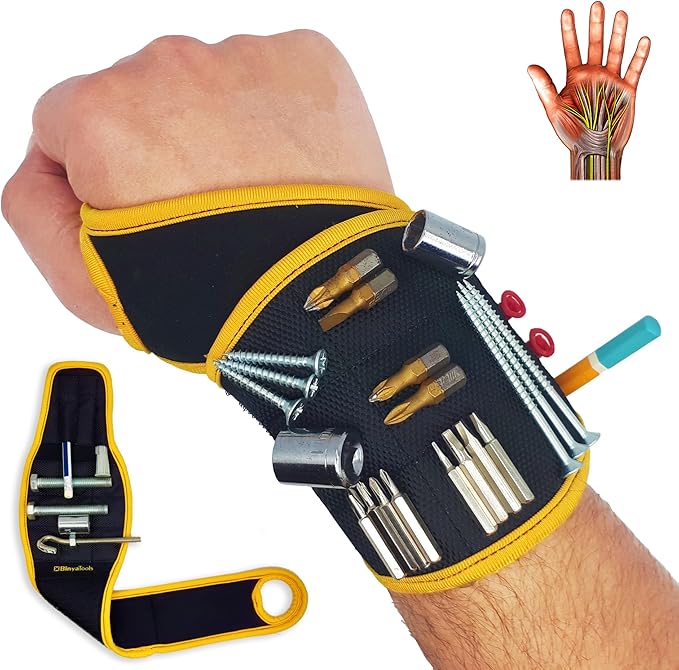 BINYATOOLS Magnetic Wristband for Tools Magnet Screw Holder Wrist Support Keeps Screws Nails Drill Bits Handy Unique Tool Gadgets for Men's & Dad Perfect Christmas Gifts Stocking Stuffers (BLACK)
