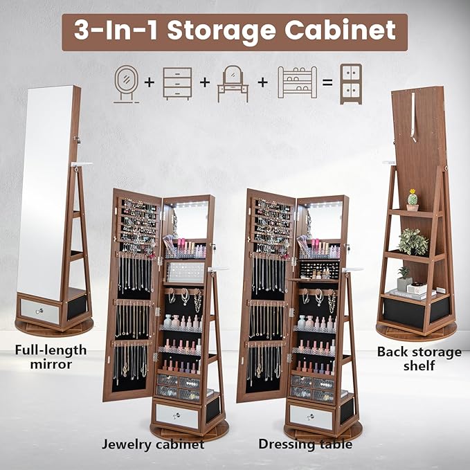 GOFLAME 360 Rotating Jewelry Cabinet with Full Length Mirror, Standing LED Jewelry Armoire, Lockable Organizer with Hair Dryer Rack, Back Storage Shelves, Inner Makeup Mirror, Walnut