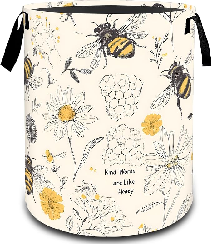 Bee Daisy Floral with Honeycomb Laundry Basket, Dirty Collapsible Clothes Toy Organizer Hamper for Kids Adults, Oxford Cloth Waterproof Storage Bin for Bedroom Bathroom Decor Gifts, 19.7"X15.7"