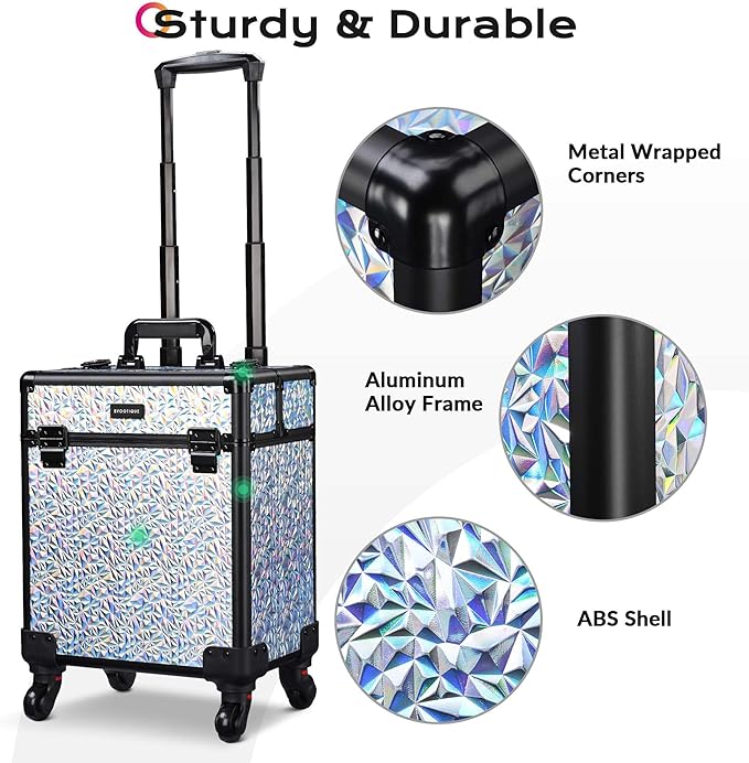 BYOOTIQUE Makeup Cart on Wheels 3-Piece Lockable Esthetician Rolling Case Cosmetology Organizer Kit Hair Tool Travel Bag for Lash Artist Nail Slon Beauty Studio Hairstylist Manicurist,Mermaid Silver