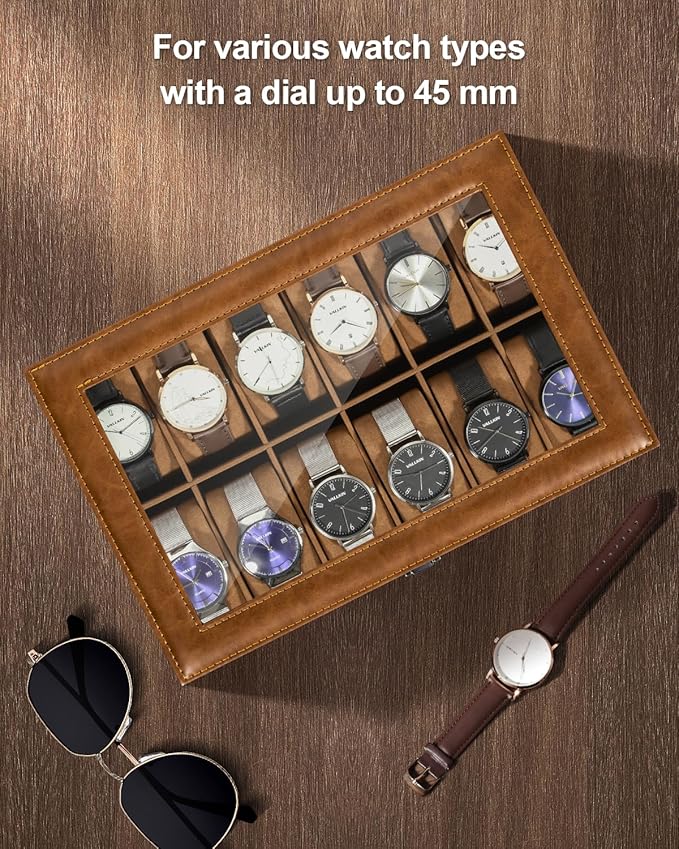 Uten 12-Slot Watch Box, PU Leather Watch Case with Glass Lid, Watch Holder Organizer with Soft Pillow and Velvet Lining, Watch and Jewelry Storage Box, Brown