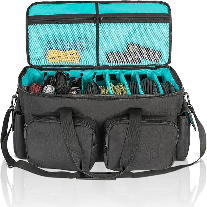 SAVIOUR DJ Cable File Bag, Detachable Padded Bottom and Adjustable Dividers, Stores Music, Audio, and Visual Cabling, Portable Travel Storage and Studio Organization (Blue)