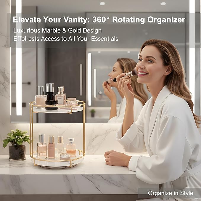 360° Rotating Makeup Organizer Countertop, 2-Tier Golden Vanity Organizer with Glass Shelves, Spinning Cosmetic Display Case for Bathroom & Bedroom, Tall Storage for Large Bottles