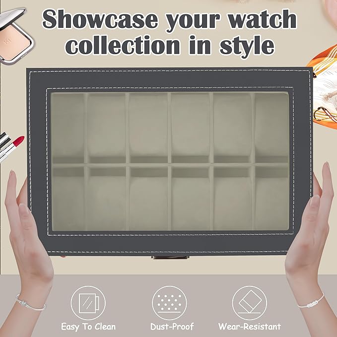 Ogrmar 12 Slot PU Leather Lockable Watch Storage Boxes, Men & Women Jewelry Display Drawer Case, 2-tier Organizer Watch Showcase with Glass Lid (Grey)