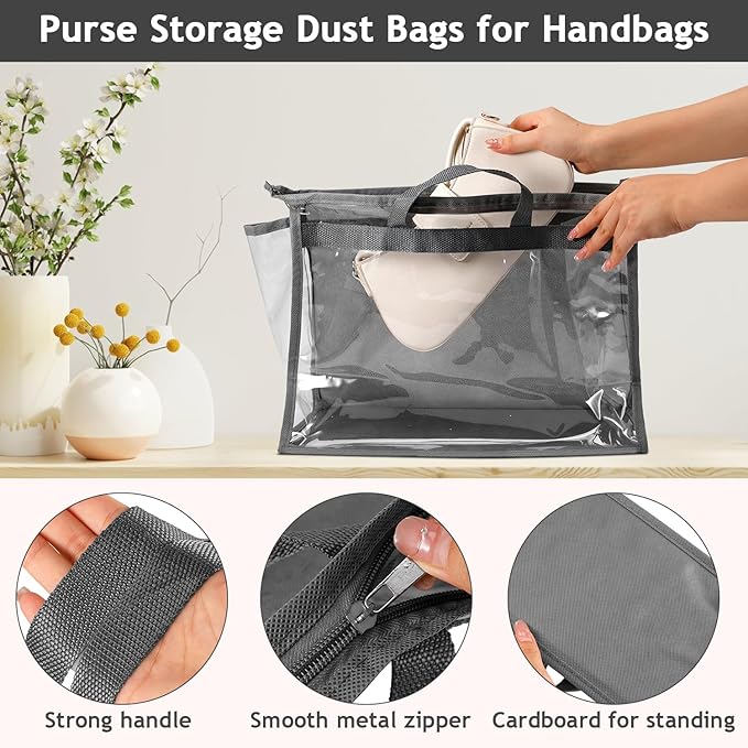 15 PCS Dust Bags for Handbags,Purse Protector Storage Bag,Purse Cover Hanging Closet Organizer with Zipper Handle,Clear Handbag Storage Organizer for Closet,3 Assorted Sizes(Gray)